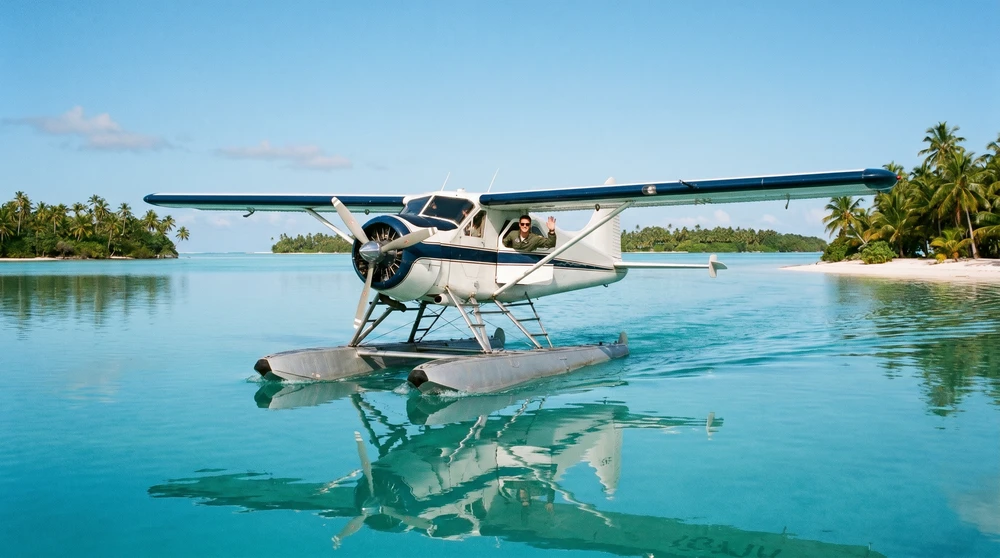 Seaplane on floats taxiing across a calm turquoise Maldivian lagoon