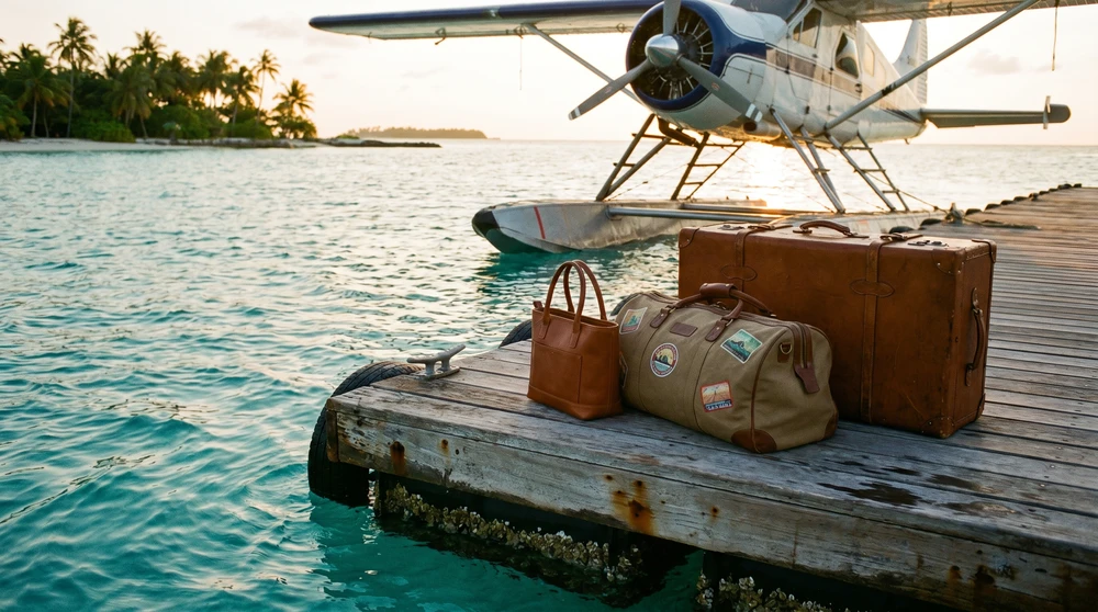 Luggage and a small carry-on bag on a wooden seaplane pontoon in the Maldives