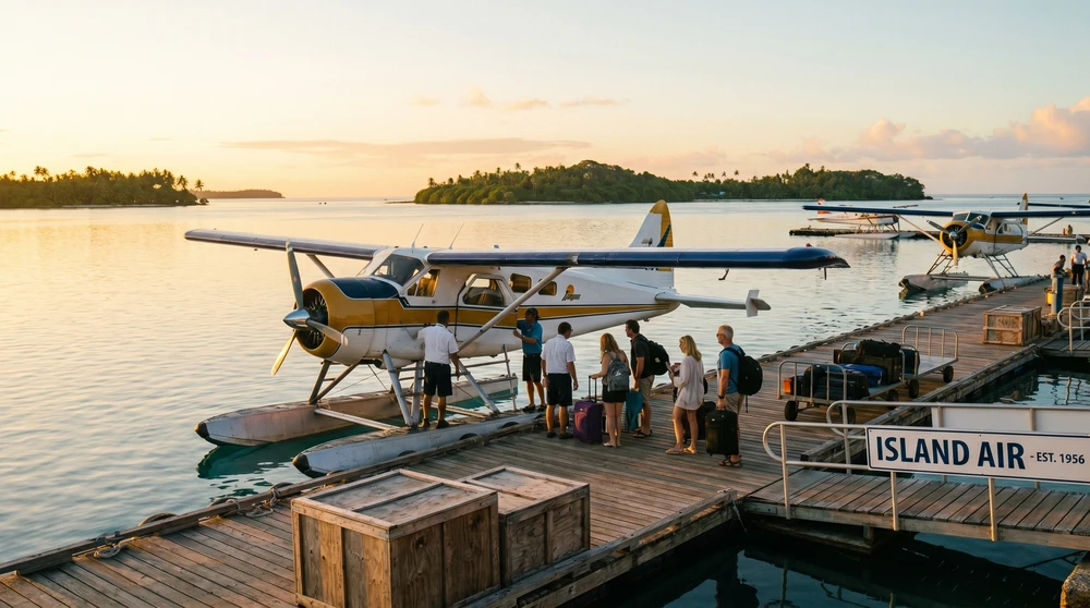 Travelers boarding a seaplane at a terminal dock at sunrise in the Maldives
