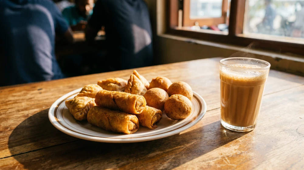 Maldivian short eats with fish rolls and pastries beside a glass of sweet tea
