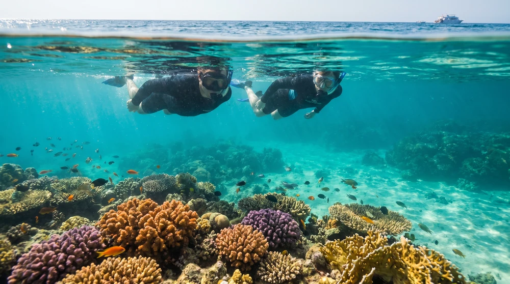 Schnorchler schweben über einem lebendigen Korallenriff im klaren türkisen Wasser der Malediven