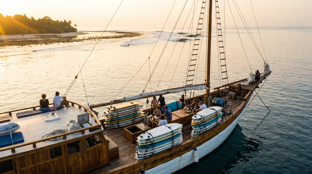 Surfcharter-Boot vor Anker nahe einem Riffbreak bei Sonnenaufgang auf den Malediven