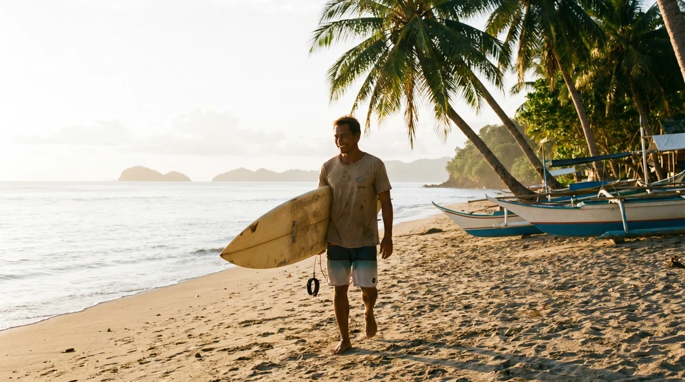 Surfer geht mit Board zur goldenen Stunde an einem Ufer einer lokalen Insel auf den Malediven entlang