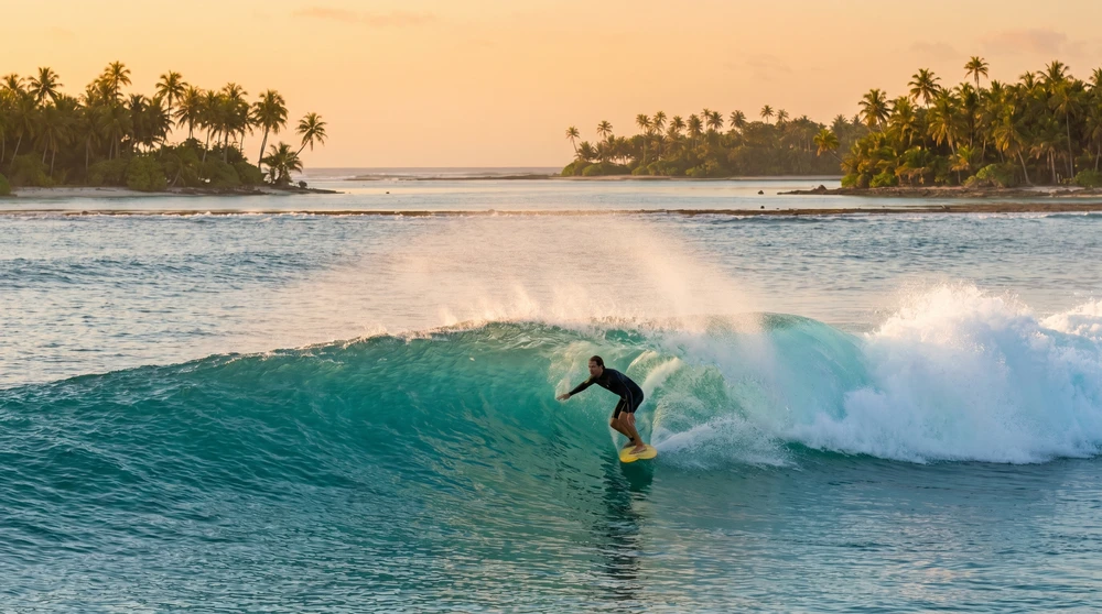 Surfer riding a clean reef-pass wave at a Maldivian atoll in morning light