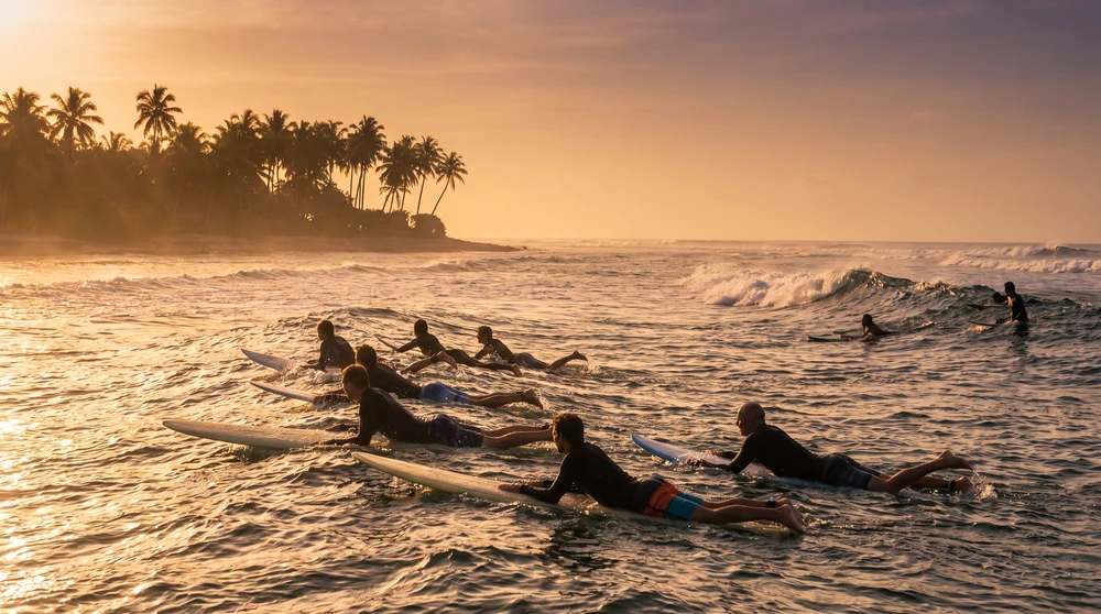 Surfer paddeln bei Sonnenuntergang zu einem Riffbreak vor einer palmengesäumten lokalen Insel der Malediven hinaus