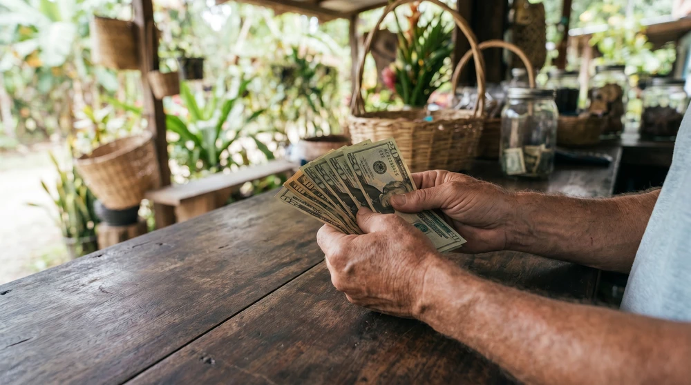 Reisender hält saubere US-Dollar-Scheine an einer tropischen Inselladentheke auf den Malediven