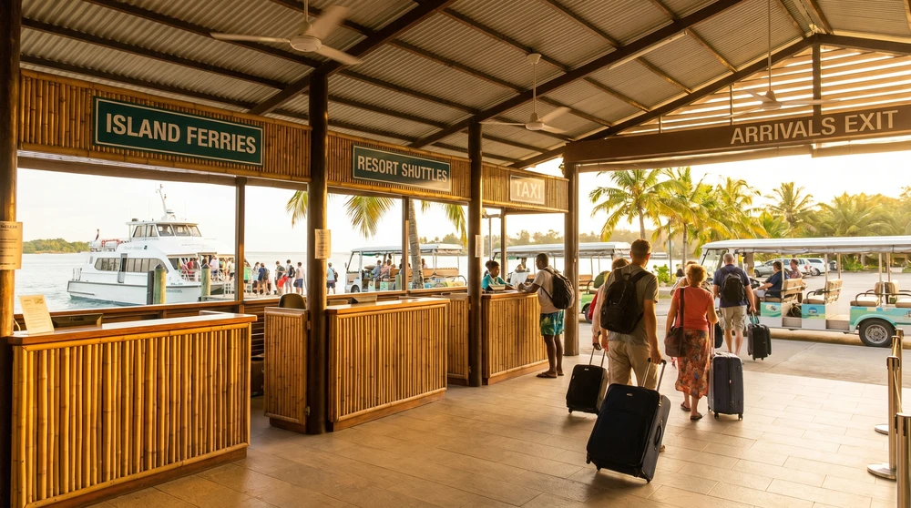 Arrivals hall exit with transport counters at Velana airport in the Maldives