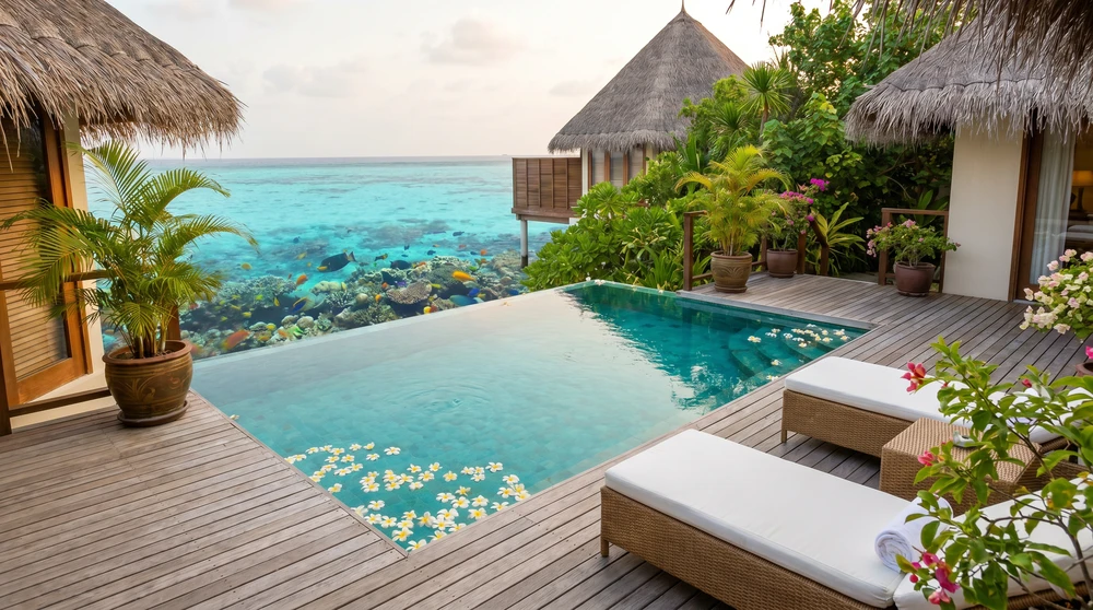 Privater Tauchpool auf dem Deck einer Villa mit Blick auf das Hausriff der Malediven