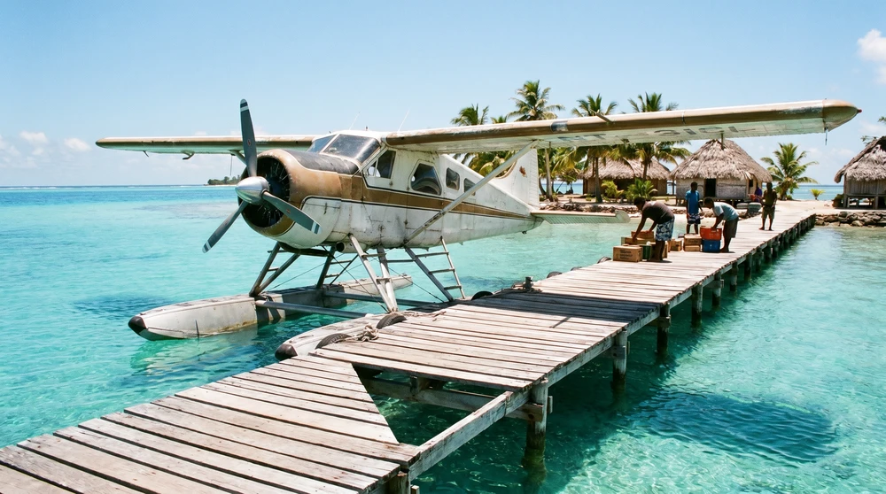 Wasserflugzeug an einer Holzplattform über einer türkisfarbenen Lagune auf den Malediven