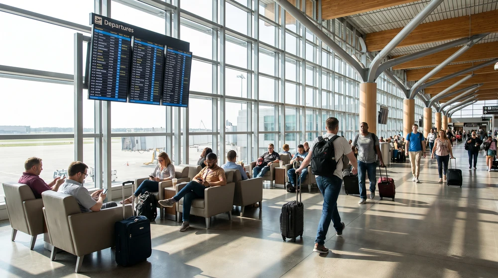 Reisende in einer hellen Transithalle eines Drehkreuz-Flughafens während eines Zwischenstopps