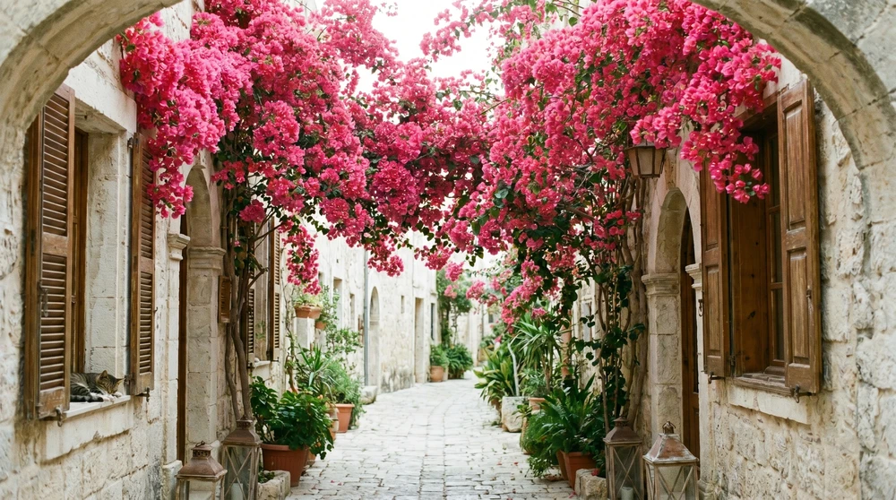Narrow Malta stone alley draped with pink bougainvillea in summer