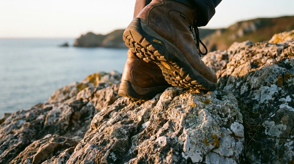 Wanderschuhe auf verwittertem Kalkstein auf einem maltesischen Küstenpfad in der Abenddämmerung