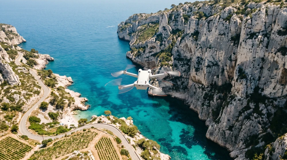 Consumer drone climbing high above a rugged Malta coastline with cliffs and sea below