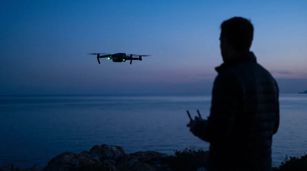 Drone hovering at dusk with a flashing green light over a calm Malta sea
