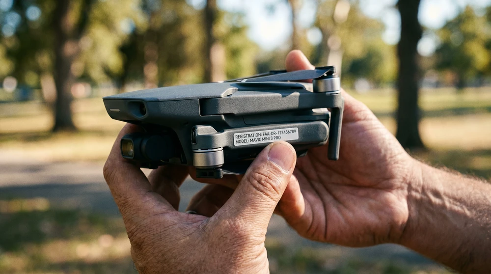 Close-up of a drone showing a printed UAS operator registration label on its underside