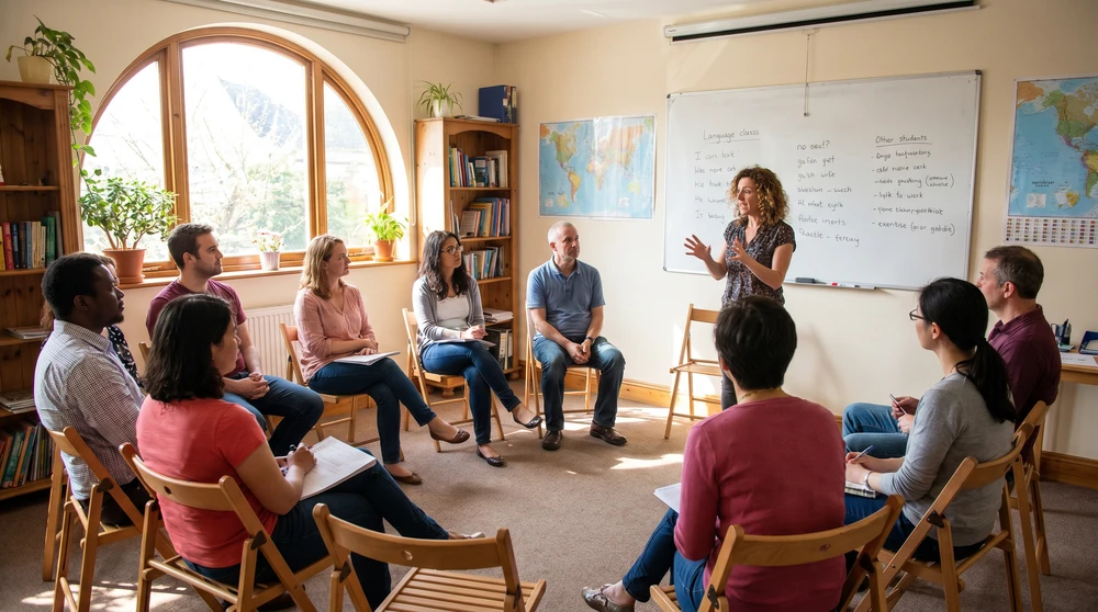 Small English language classroom in Malta with adult students of mixed nationalities and a teacher