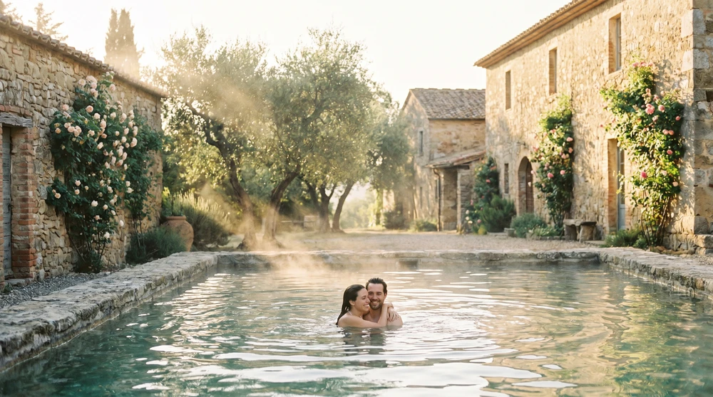 Paar schwimmt im Frühmorgen in einem privaten Kalkstein-Farmhauspool auf Gozo