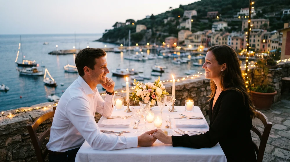 Paar bei einem Kerzenschein-Abendessen am Hafen in Malta in der Abenddämmerung