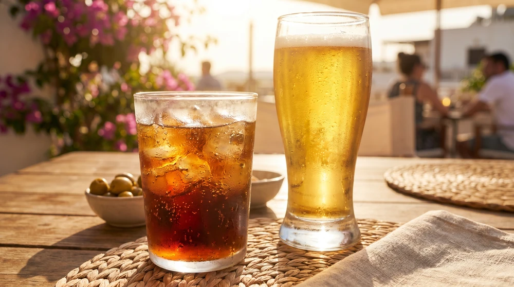 Dunkles bittersüßes Kinnie-Erfrischungsgetränk und ein frisches lokales Lager in Frostgläsern auf einem sonnenbeschienenen maltesischen Cafétisch