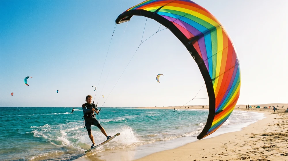 Kitesurfer launching from a wide sandy bay with a colorful kite in Malta