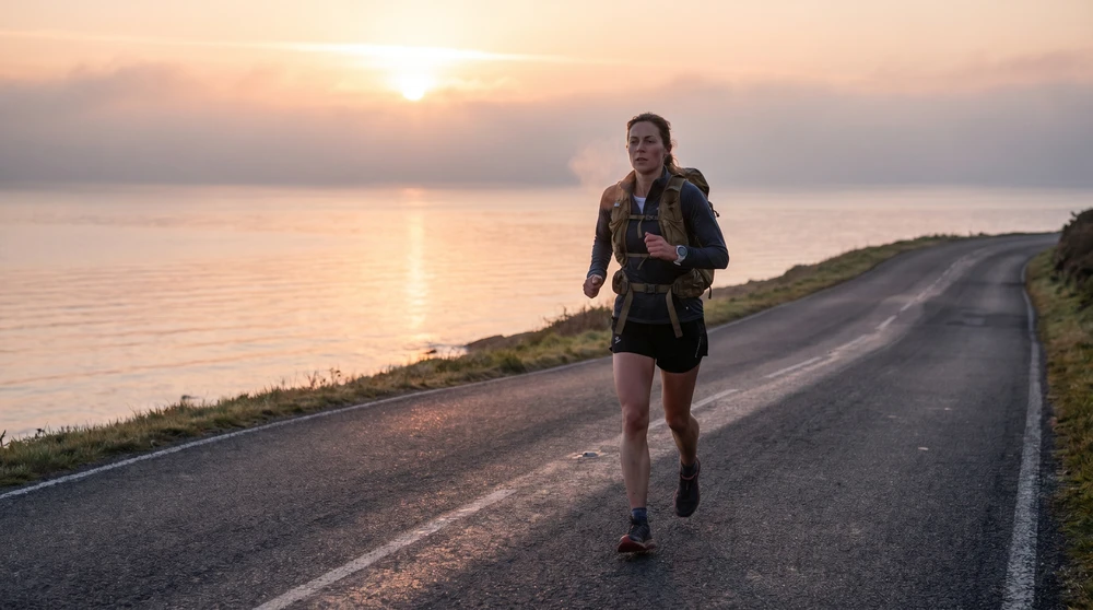 Langstreckenläufer auf einer Küstenstraße bei Sonnenaufgang beim Malta Marathon