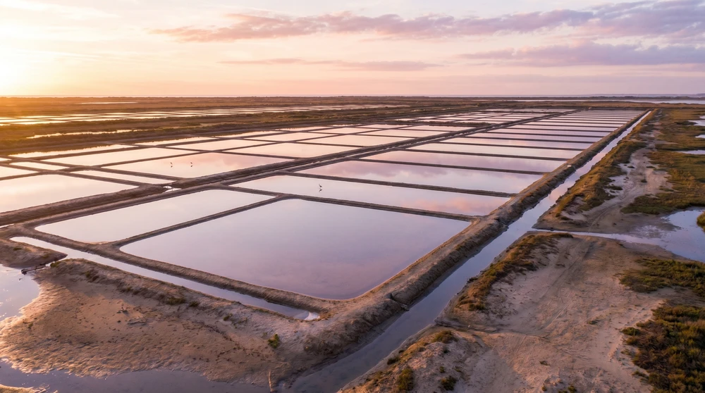 Coastal salt pans reflecting a pink sky at golden hour in Malta