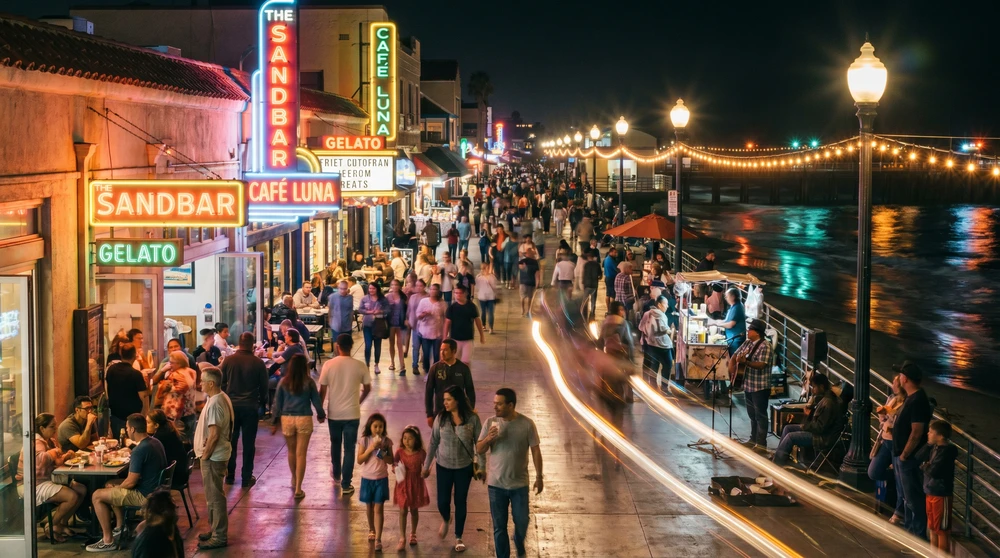 Lively seaside nightlife promenade in Malta glowing with bar lights at night