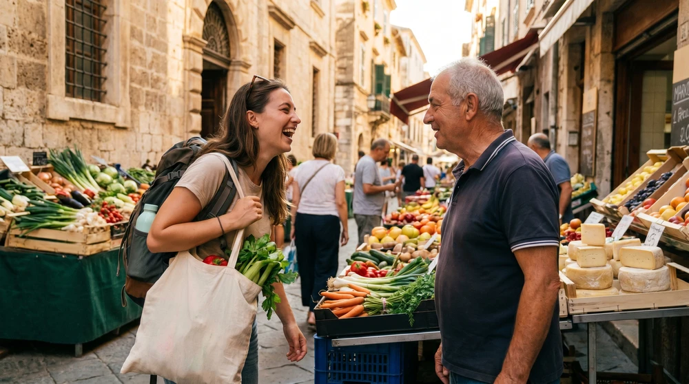 International student talking with a vendor at a sunlit Malta street market