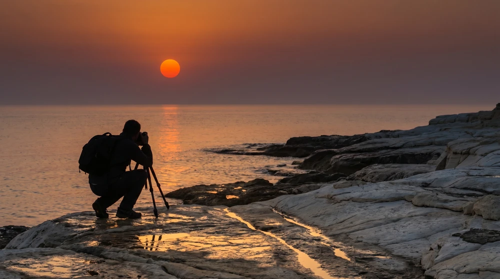 Fotograf auf weißen Kalksteinplatten bei Sonnenaufgang mit orangenem Mittelmeer-Sonnenaufgang in Malta