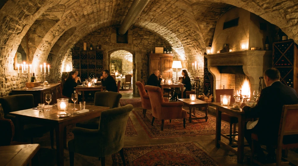 Intimes, stimmungsvoll beleuchtetes Restaurant in einem umgebauten Gewölbekeller in Valletta