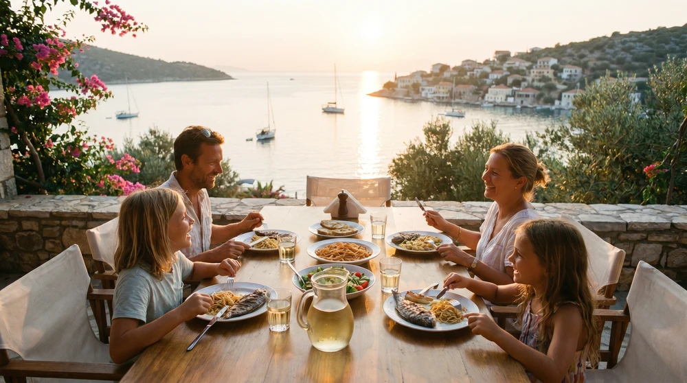 Abendessen bei Sonnenuntergang auf einer mediterranen Ufertterasse mit lokalen Gerichten und Blick auf eine ruhige Bucht in Malta