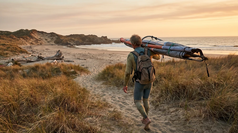 Windsurfer carrying their own board and rig down to a quiet Malta beach