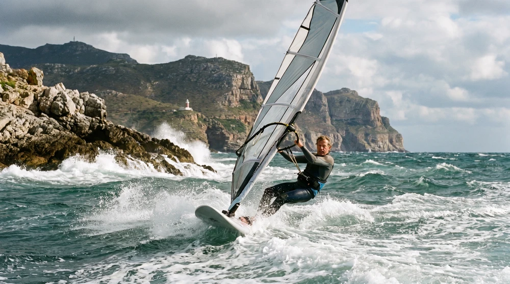 Experienced windsurfer carving choppy water near a rocky point in Malta