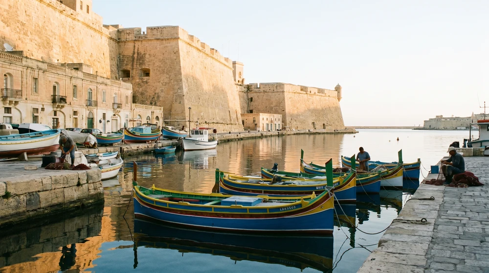 Traditional wooden Maltese boats moored below fortified harbour bastion walls in warm morning light