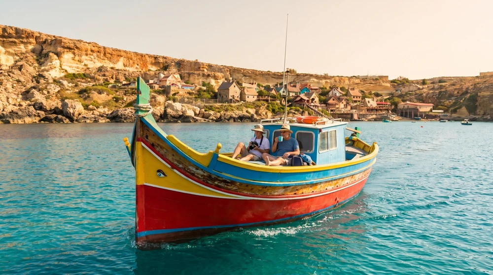 Farbenfrohes traditionelles maltesisches Luzzu-Boot auf ruhigem blauen Küstenwasser an einem sonnigen Morgen