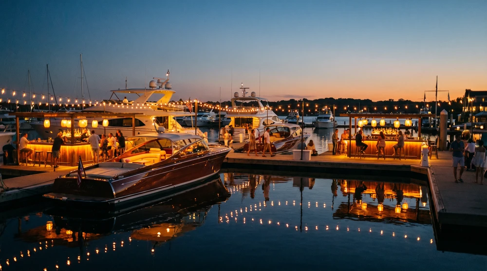 Gehobene Uferpromenade einer Marina in der Abenddämmerung mit Yachten und leuchtenden Cocktailbars, die sich im ruhigen Wasser spiegeln