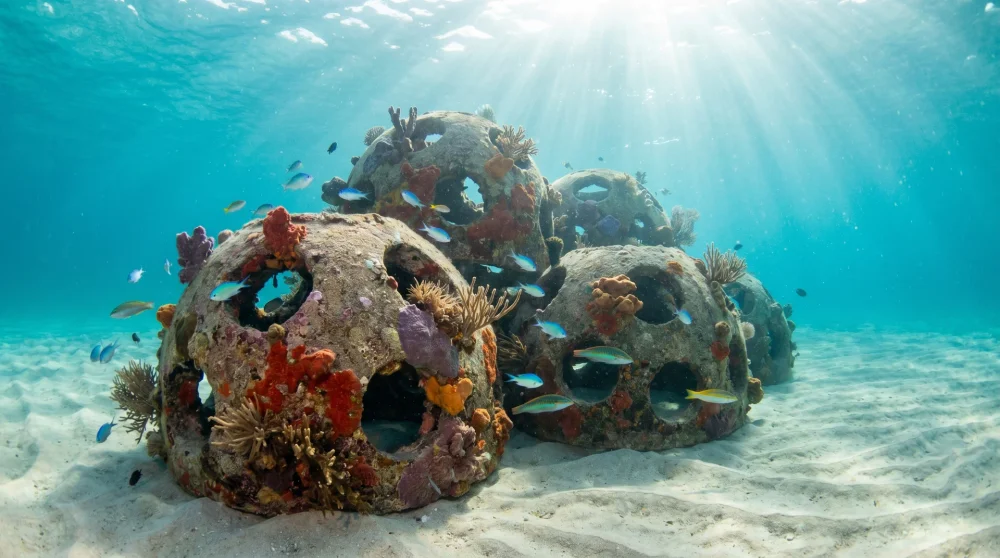 Concrete artificial reef balls covered in coral and sponges on the sandy seafloor near the Marriott on Seven Mile Beach