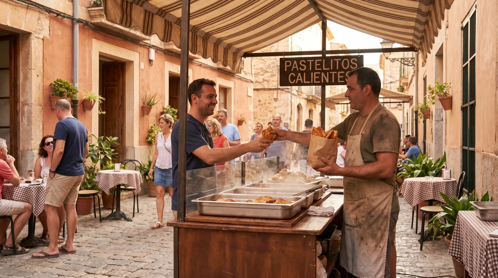 Kunden kaufen günstige blättrige Gebäcktaschen an einem sonnigen mediterranen Streetfood-Stand