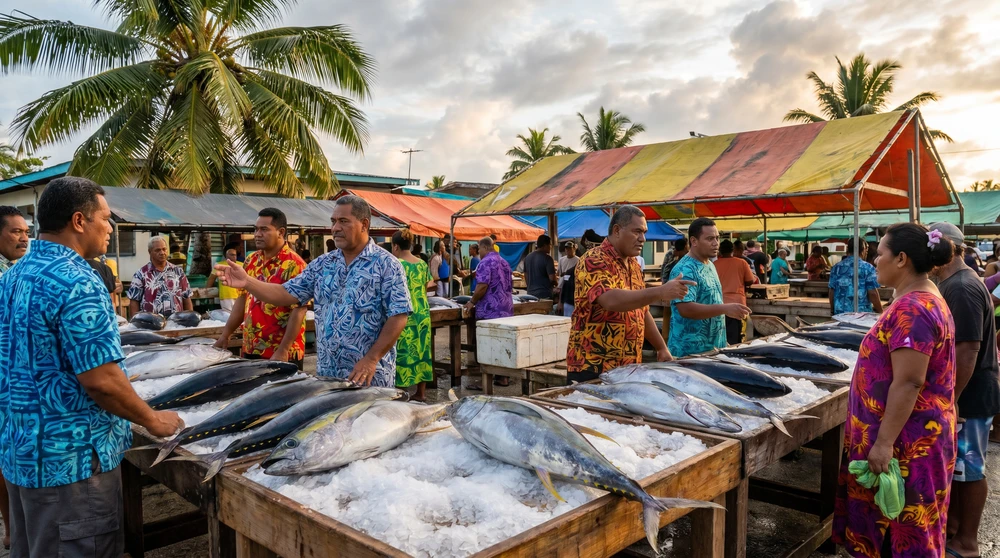 MIMRA Fish Market in Majuro früh morgens mit ausgelegtem Gelbflossenthunfisch und marshallesischen Verkäufern in farbenfroher tropischer Umgebung. Der beste Ort zum Kauf von frischem Fisch auf den Marshallinseln.