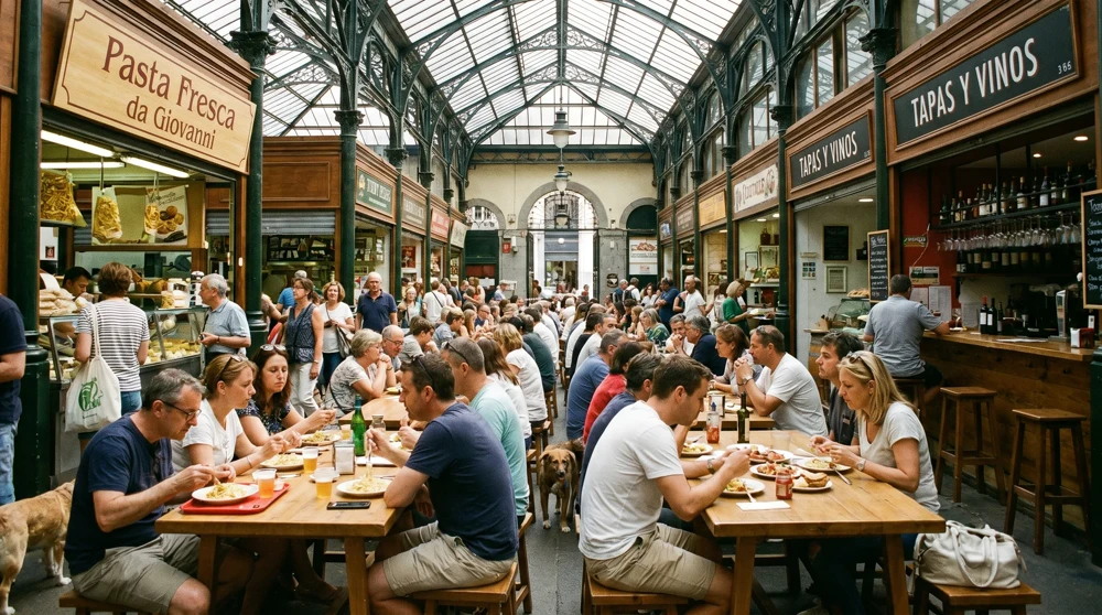 La Condamine Market dining area where full meals cost a fraction of nearby Monaco restaurants