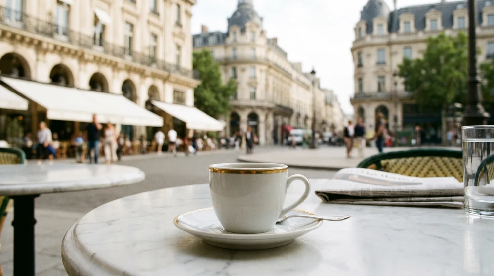 Espresso on a marble cafe table near Monaco Casino Square with ornate European architecture in background