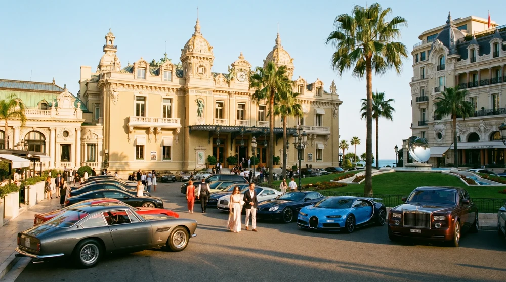 Casino Square in Monaco at golden hour with luxury cars and the famous casino building