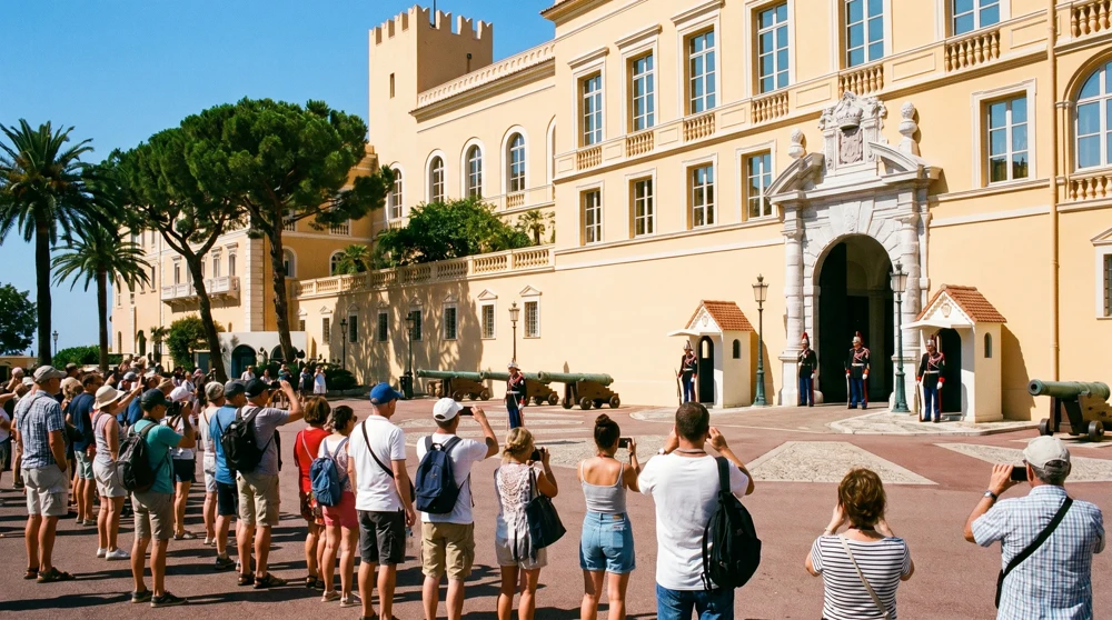 Tourists gathering on Palace Square for the Changing of the Guard ceremony at the Prince's Palace Monaco