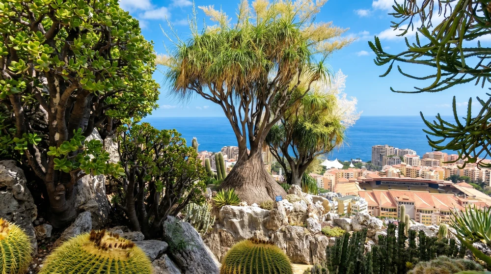 Ponytail palm tree and barrel cacti on rocky limestone cliff at Monaco Exotic Garden with city skyline below