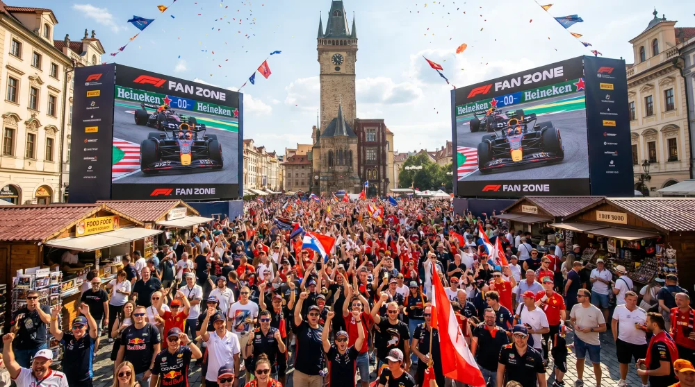 Crowds gathered at the Monaco Grand Prix MGP Live fan zone at Place d'Armes watching live race coverage on giant screens