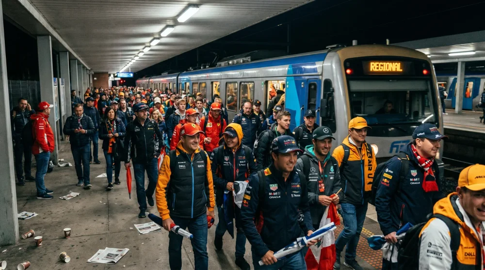 Crowds of Monaco Grand Prix spectators waiting on the platform at Monaco train station after the race