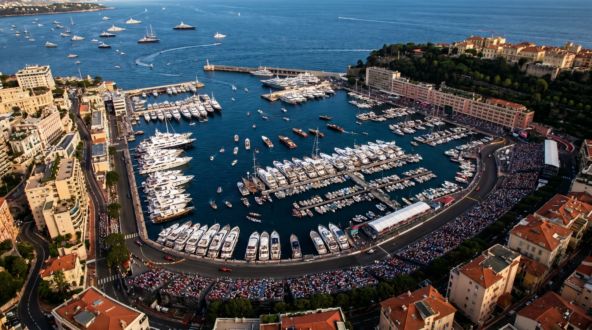 Port Hercule harbour filled with spectator yachts and boats during Monaco Grand Prix weekend