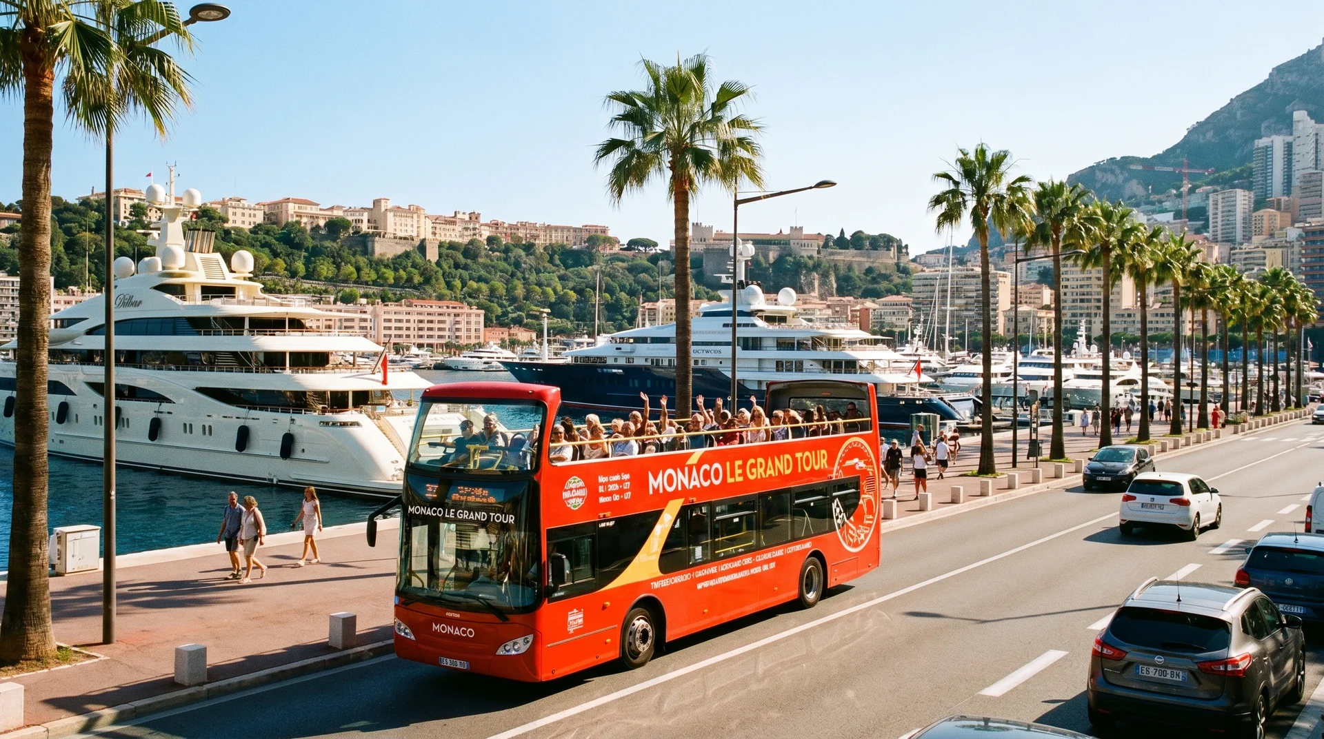 Monaco Le Grand Tour hop-on hop-off sightseeing bus along the harbor with luxury yachts