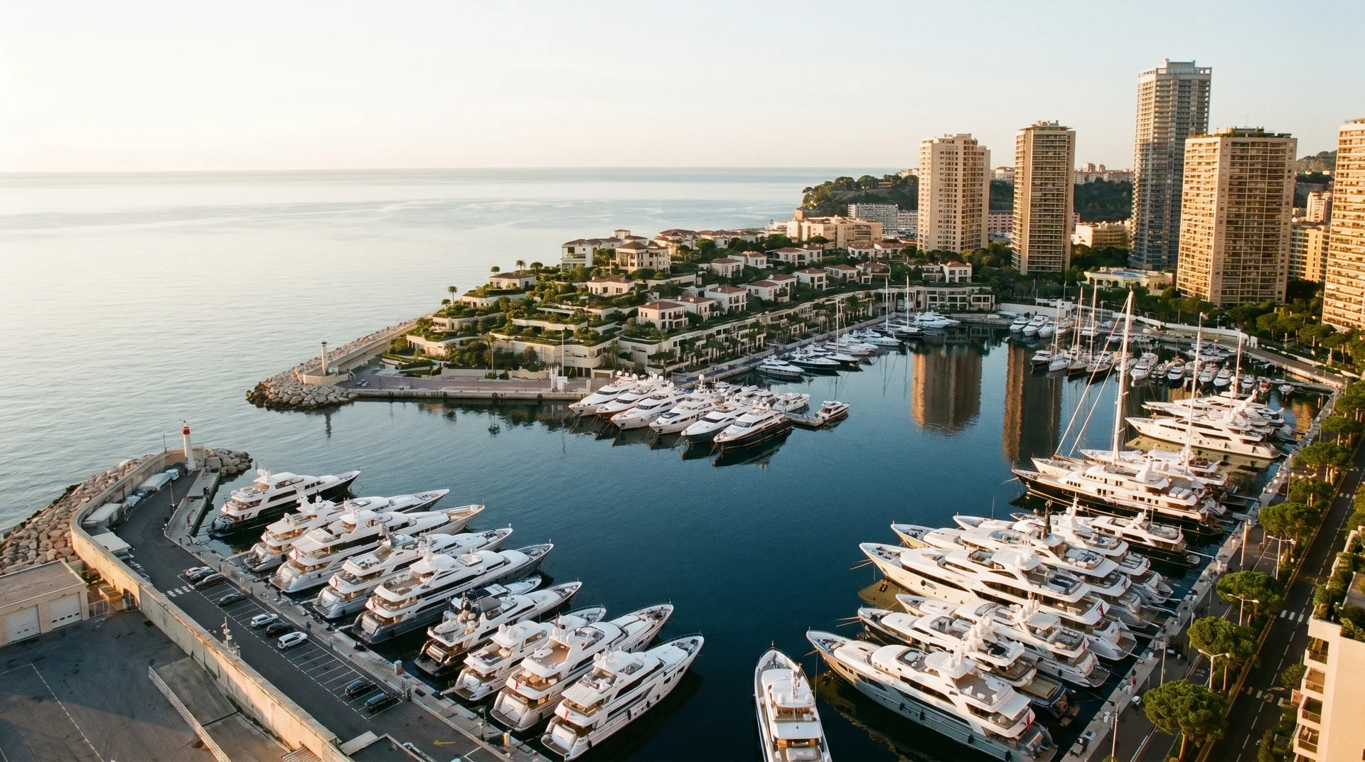 Monaco's Port Hercules harbor at sunset with moored luxury yachts and the illuminated Casino Square visible in the background