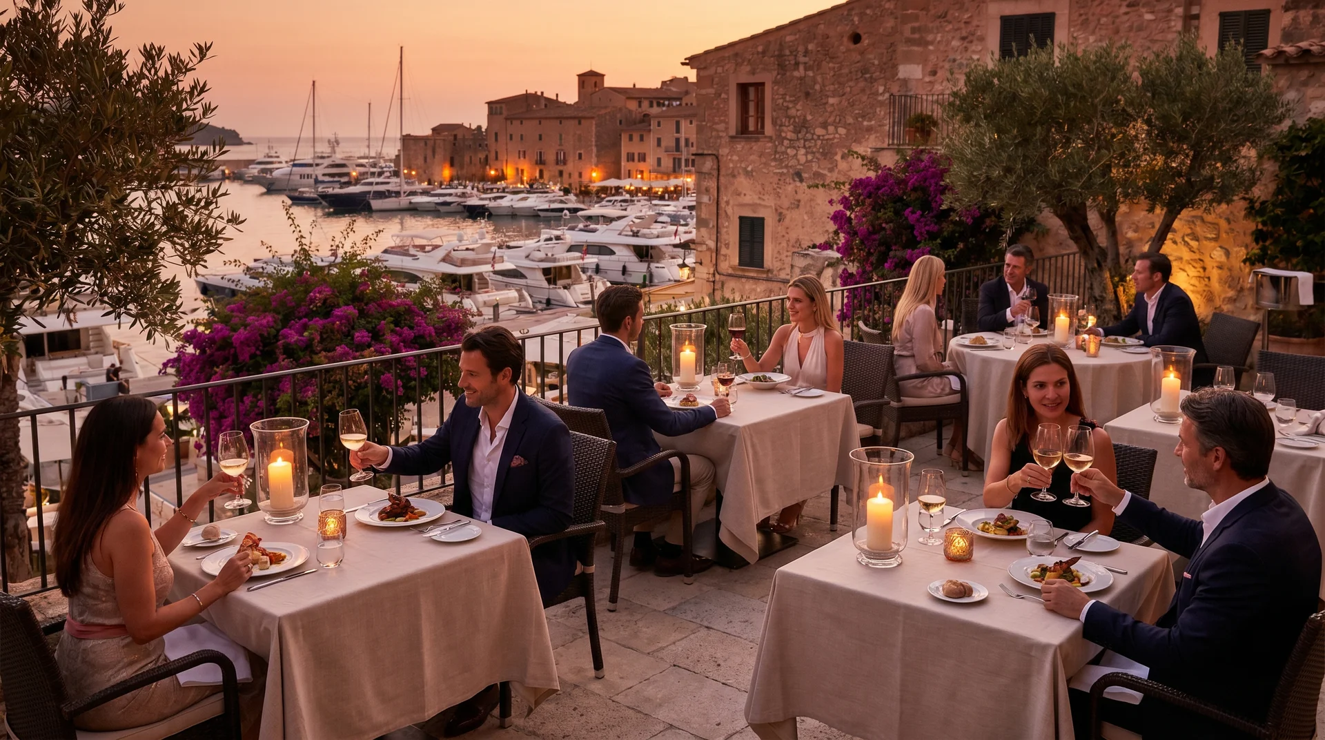 Fine dining terrace overlooking a Monaco harbour during sunset service